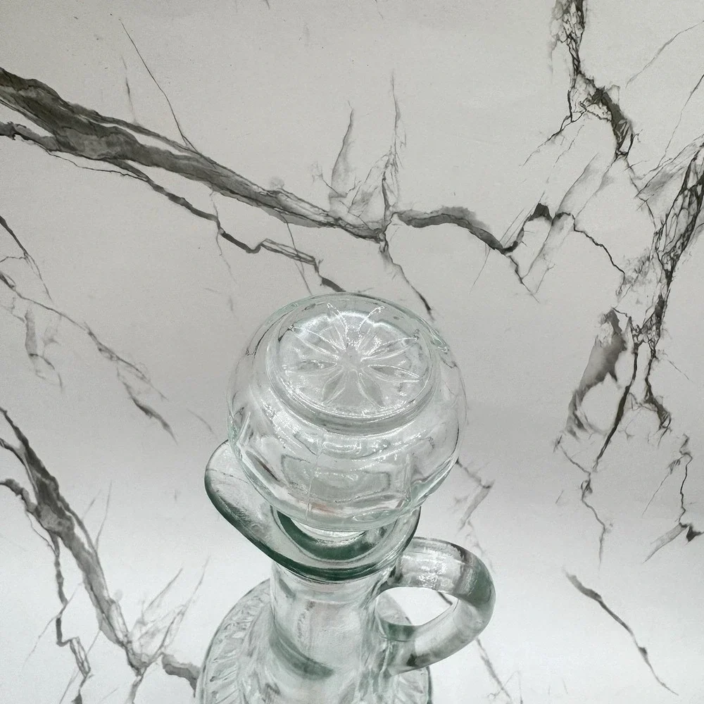 Vintage Starburst Clear Glass Decanter w Stopper MCM Barware Handle 1970s